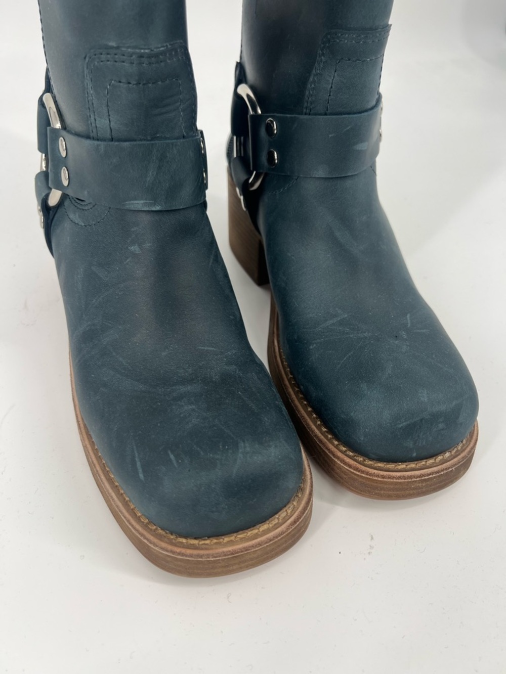 Jeffrey Campbell Reflection Blue Harness Mid-Calf Boots with Brown Stacked Heel - Picture 7 of 13